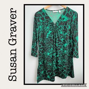 Susan Graver Black and Green Design Asymmetrical 3/4 Sleeve Tunic Size XS